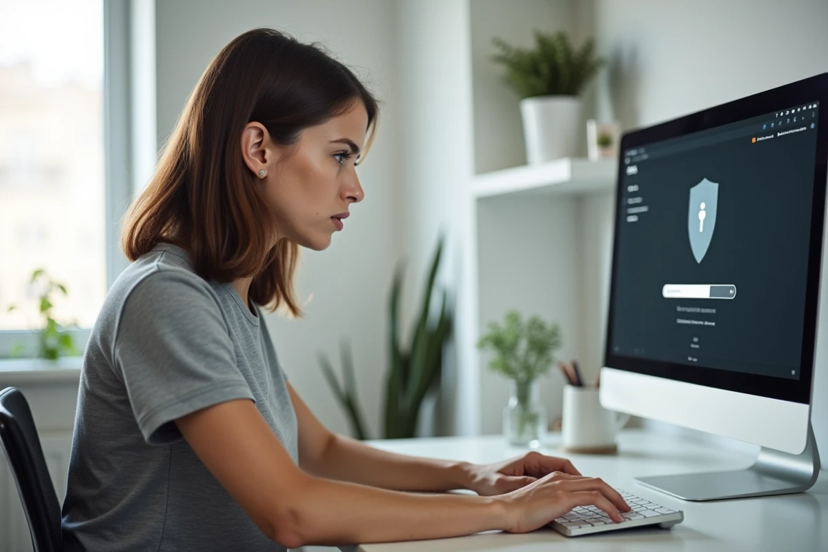 Femme utilisant un logiciel antivirus pour scanner son ordinateur contre les malwares après un téléchargement douteux