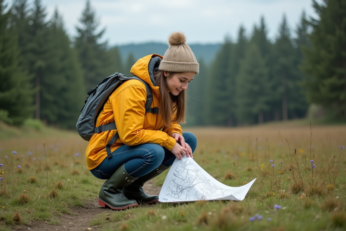 Jeune femme inspectant une carte dans la nature