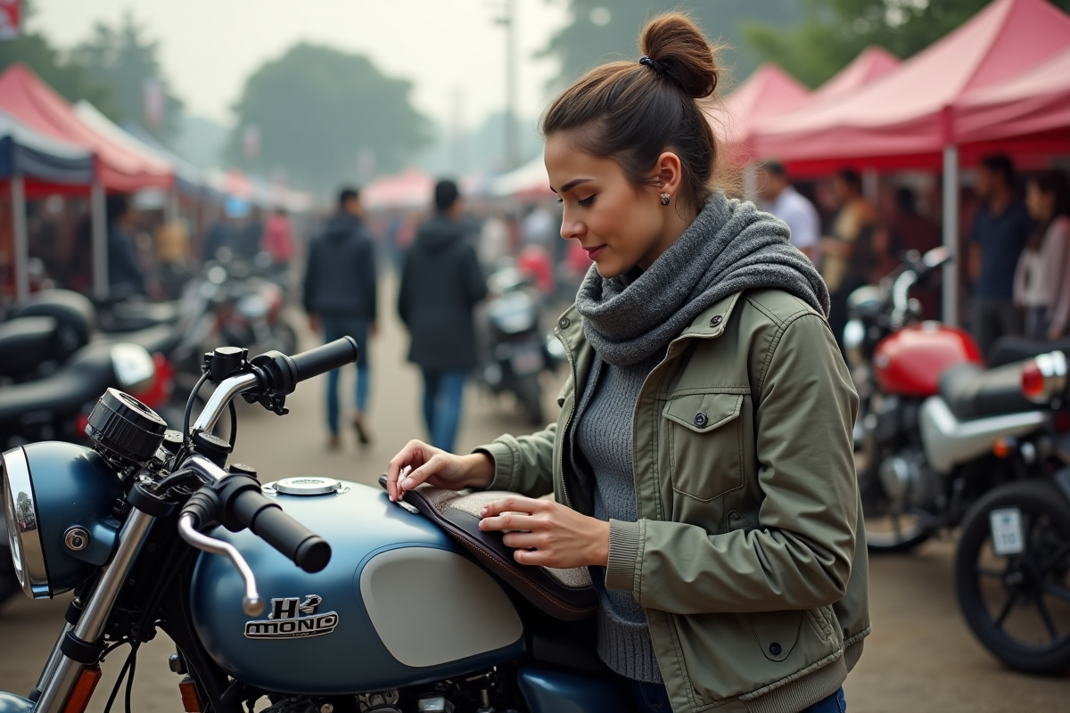 Femme choisissant une selle de moto dans un marché en plein air