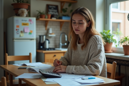 Jeune femme en cuisine examinant ses factures et budget