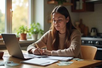 Jeune femme gérant ses finances à la maison