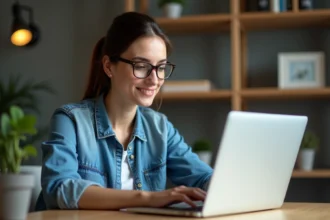 Femme en bureau à domicile travaillant sur son ordinateur