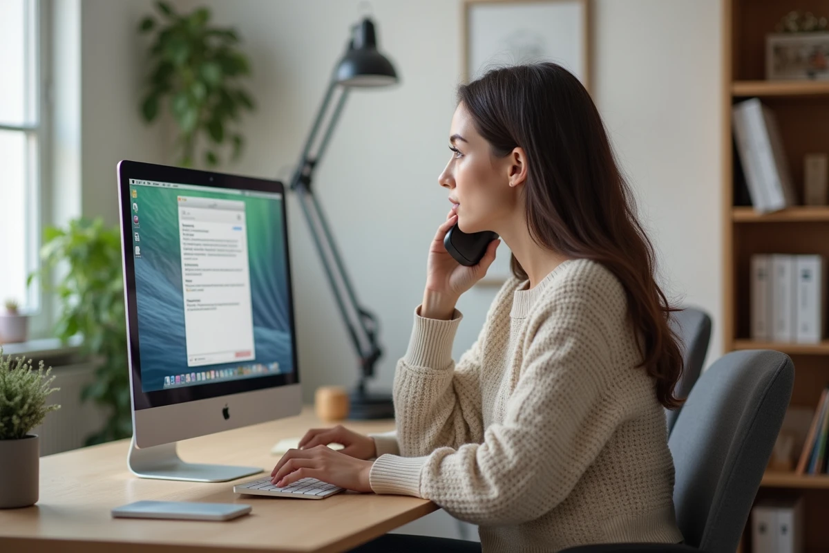 Jeune femme au bureau à domicile utilisant un téléphone