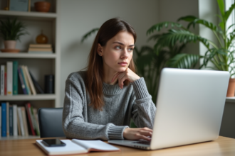 Jeune femme au bureau à domicile avec ordinateur portable