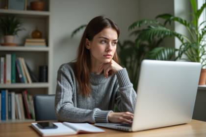 Jeune femme au bureau à domicile avec ordinateur portable