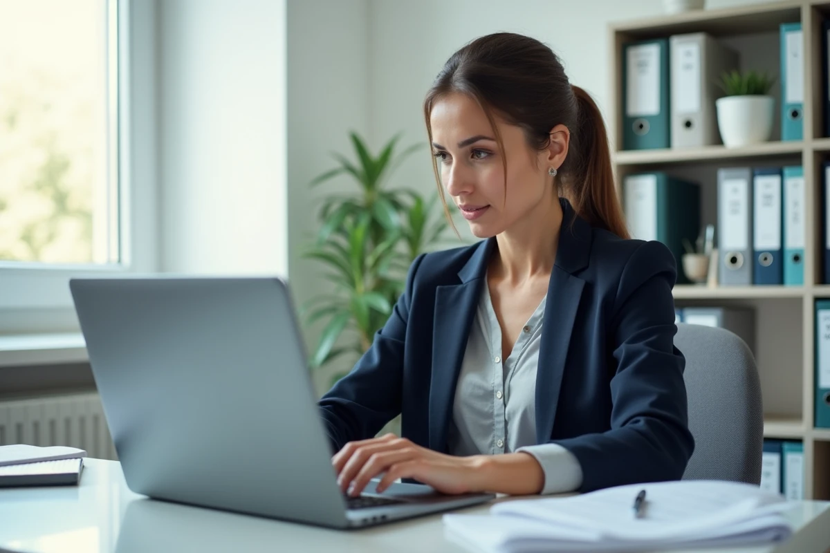 Femme professionnelle consultant un site de gestion de noms de domaine dans un bureau municipal