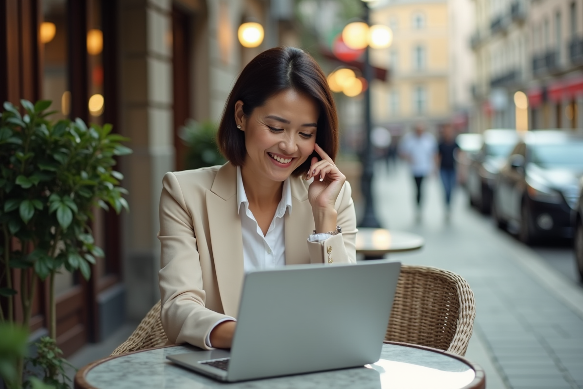 Femme d affaires travaillant sur son ordinateur en terrasse de café