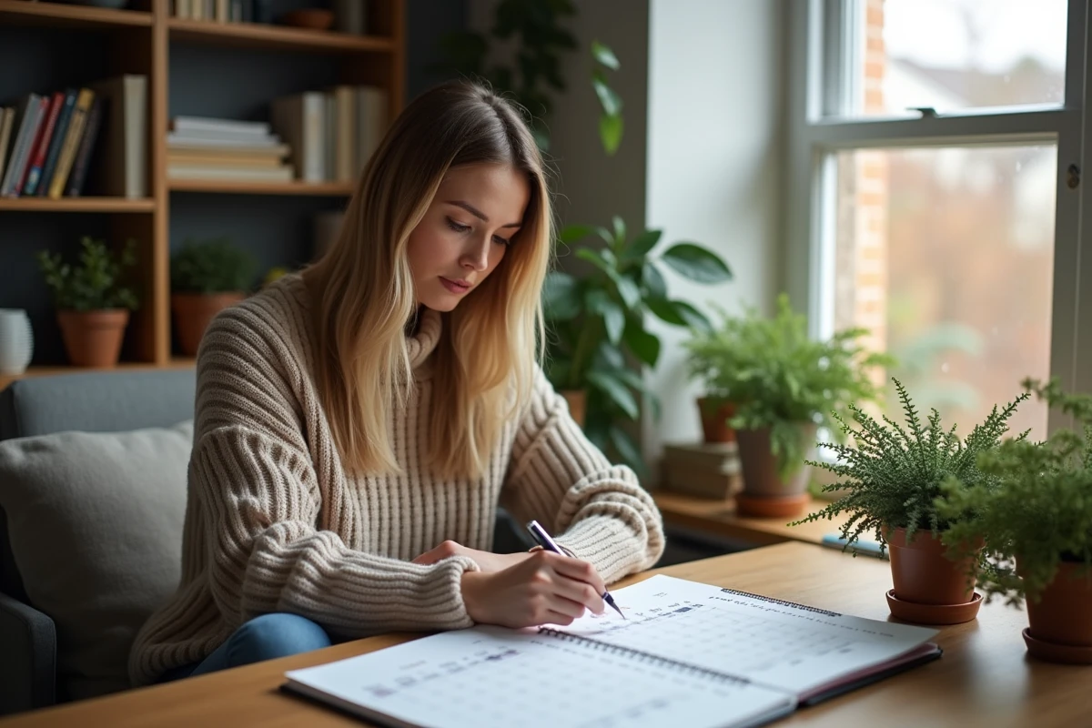 Femme dans un bureau cosy avec calendrier 2026