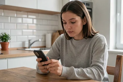 Jeune femme consultant son numéro Lebara sur son smartphone dans une cuisine moderne