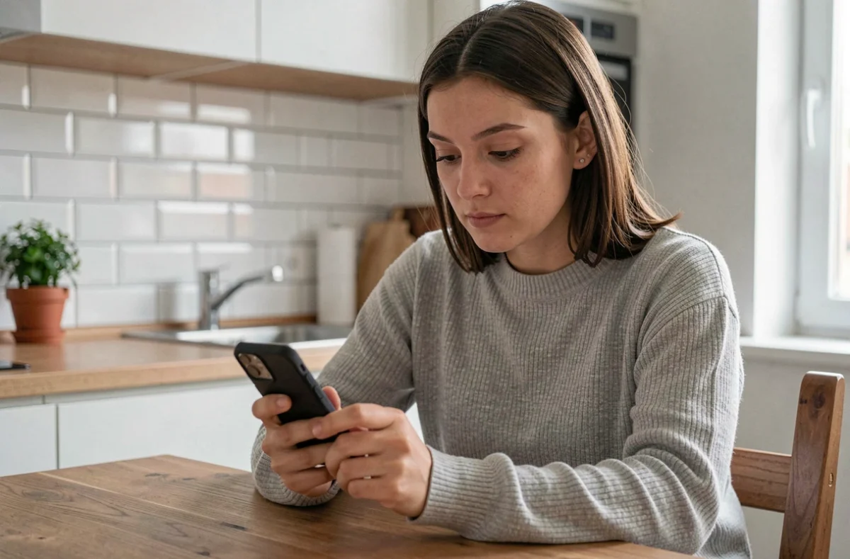 Jeune femme consultant son numéro Lebara sur son smartphone dans une cuisine moderne