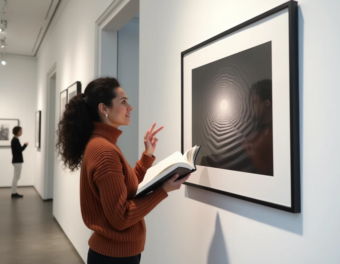 Femme passionnée d'art contemplant une œuvre d'Escher sur les escaliers impossibles dans une galerie d'art contemporaine