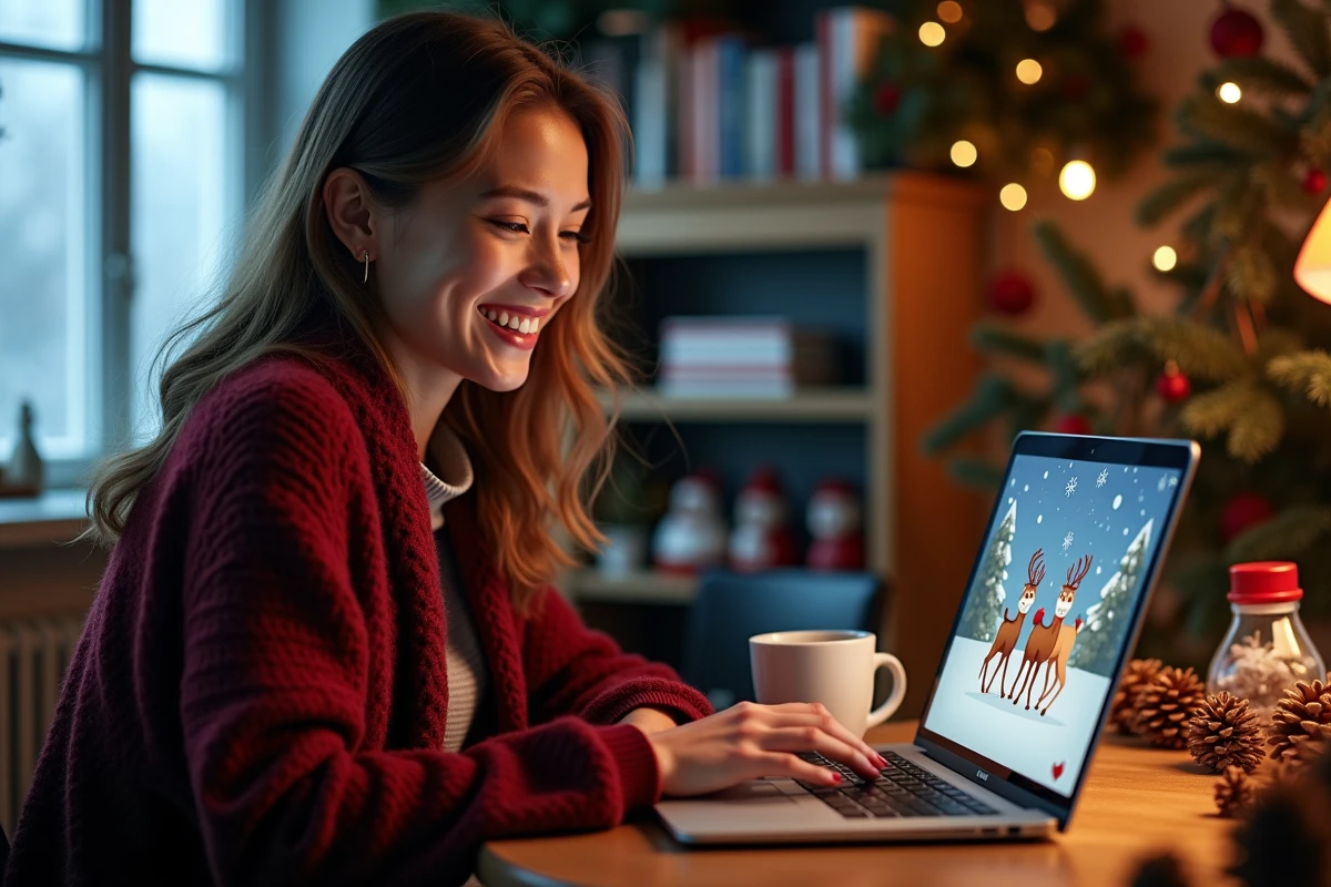 Jeune femme créant une image animée de joyeux Noël 2026 sur son ordinateur portable dans un bureau cosy décoré
