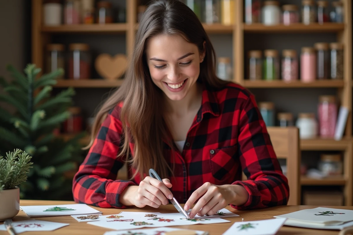 Femme créant des décorations de Noël pixel art kawaii en papier découpé dans un atelier artisanal chaleureux