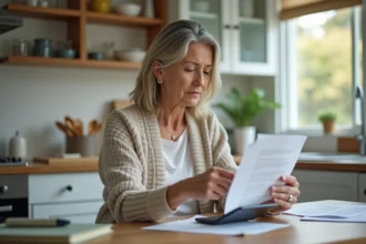Femme d'âge moyen analysant des documents à la cuisine