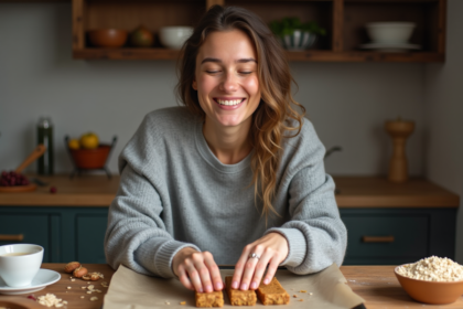 Femme souriante préparant des barres de céréales maison dans la cuisine