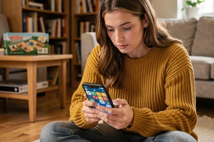 Jeune femme réfléchissant à l'utilisation de ses dés gratuits sur un jeu de plateau mobile type Monopoly Go