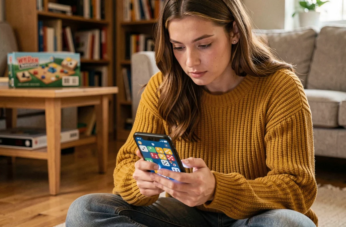 Jeune femme réfléchissant à l'utilisation de ses dés gratuits sur un jeu de plateau mobile type Monopoly Go