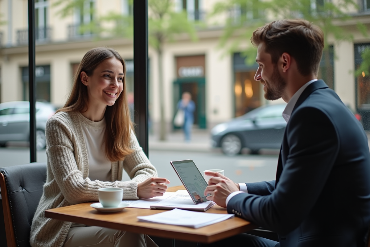 Femme souriante discutant de finances avec un agent immobilier