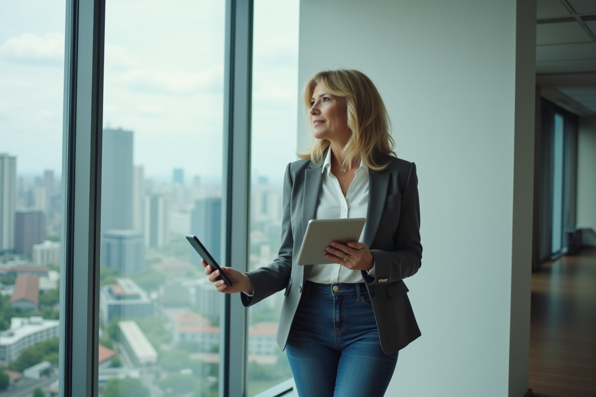 Femme entrepreneure regardant par la fenêtre dans un bureau moderne
