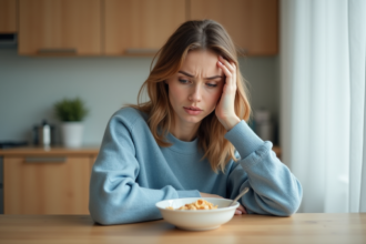 Jeune femme frustrée devant son bol de céréales