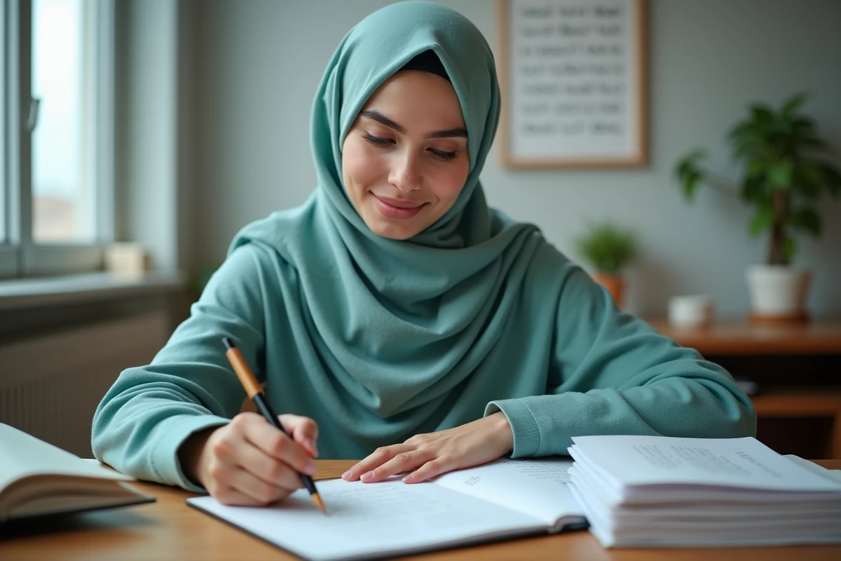 Jeune femme en hijab écrivant la formule Allahouma barik en arabe avec un calame sur du papier blanc