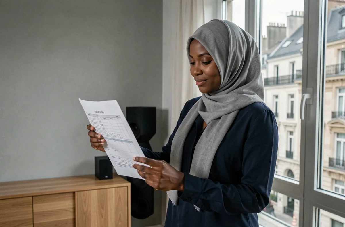 Femme tenant un tableau imprimable des horaires de prière mensuels près d'une fenêtre dans un appartement français