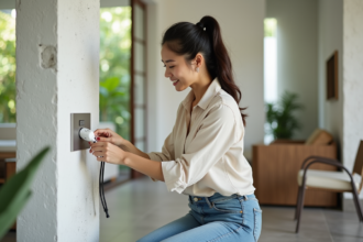 Jeune femme indonesienne branchant un adaptateur européen dans une villa balinaise