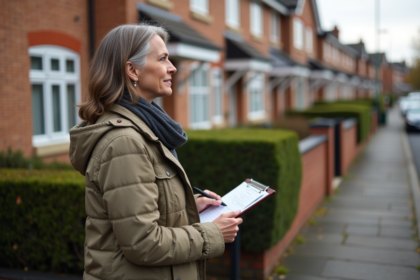 Femme inspectant une maison de banlieue en automne