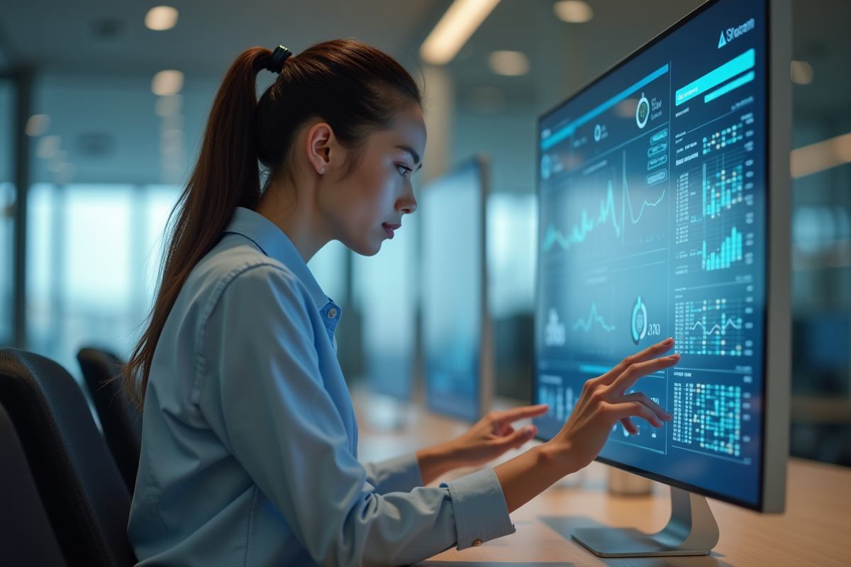 Jeune femme concentrée utilisant un écran tactile dans un bureau moderne