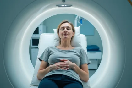 Femme détendue allongée dans un appareil IRM dans une clinique moderne d'Aix-en-Provence