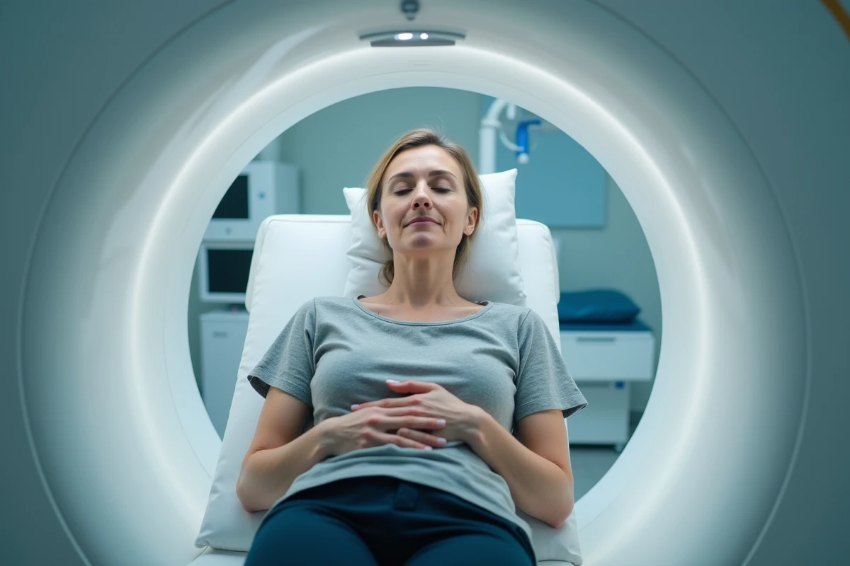 Femme détendue allongée dans un appareil IRM dans une clinique moderne d'Aix-en-Provence
