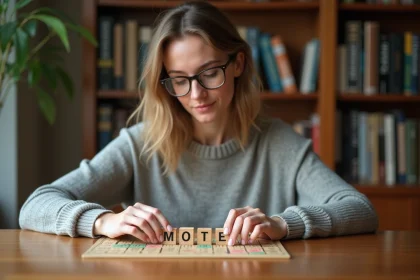 Femme jouant au scrabble avec dictionnaires en arrière-plan