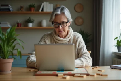 Femme d'âge moyen jouant au Scrabble à la maison
