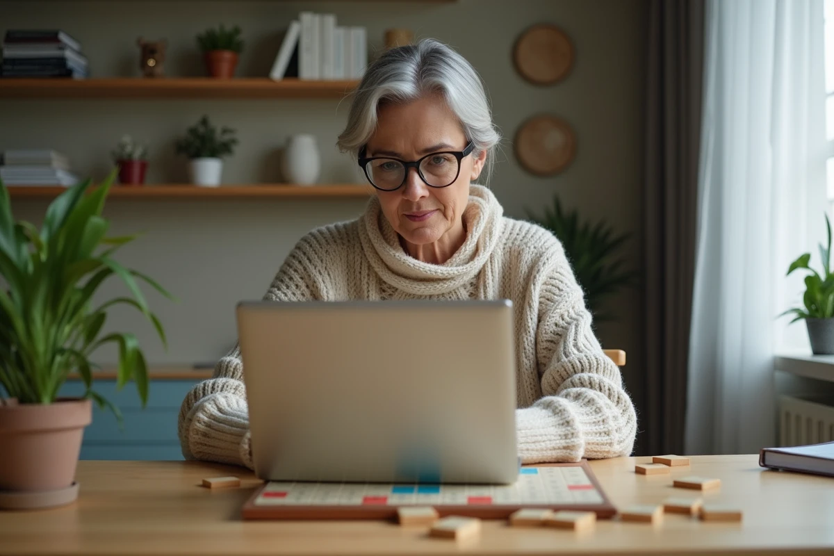 Femme d'âge moyen jouant au Scrabble à la maison