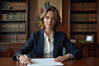 Femme sérieuse en blazer bleu examinant un document juridique