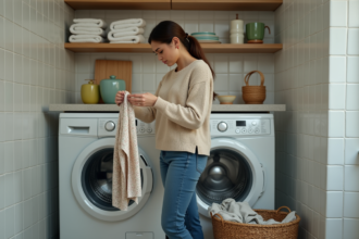 Jeune femme examine un vêtement dans une buanderie