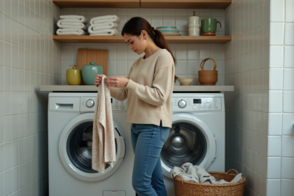 Jeune femme examine un vêtement dans une buanderie