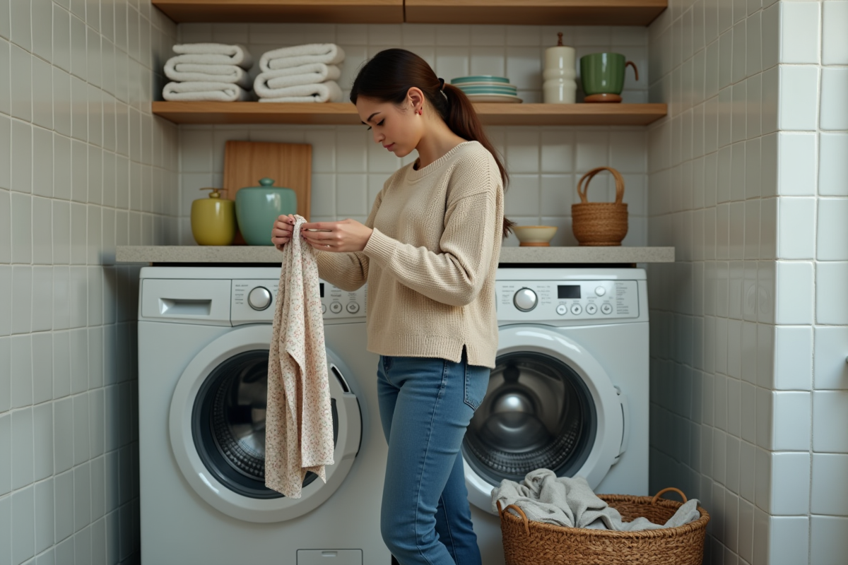 Jeune femme examine un vêtement dans une buanderie