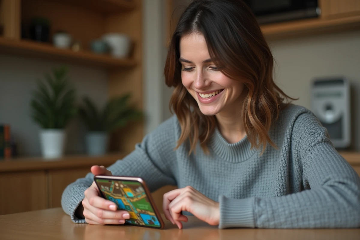Femme jouant à Monopoly Go sur son smartphone à une table en bois, concentrée sur les lancers gratuits et les mécaniques de jeu