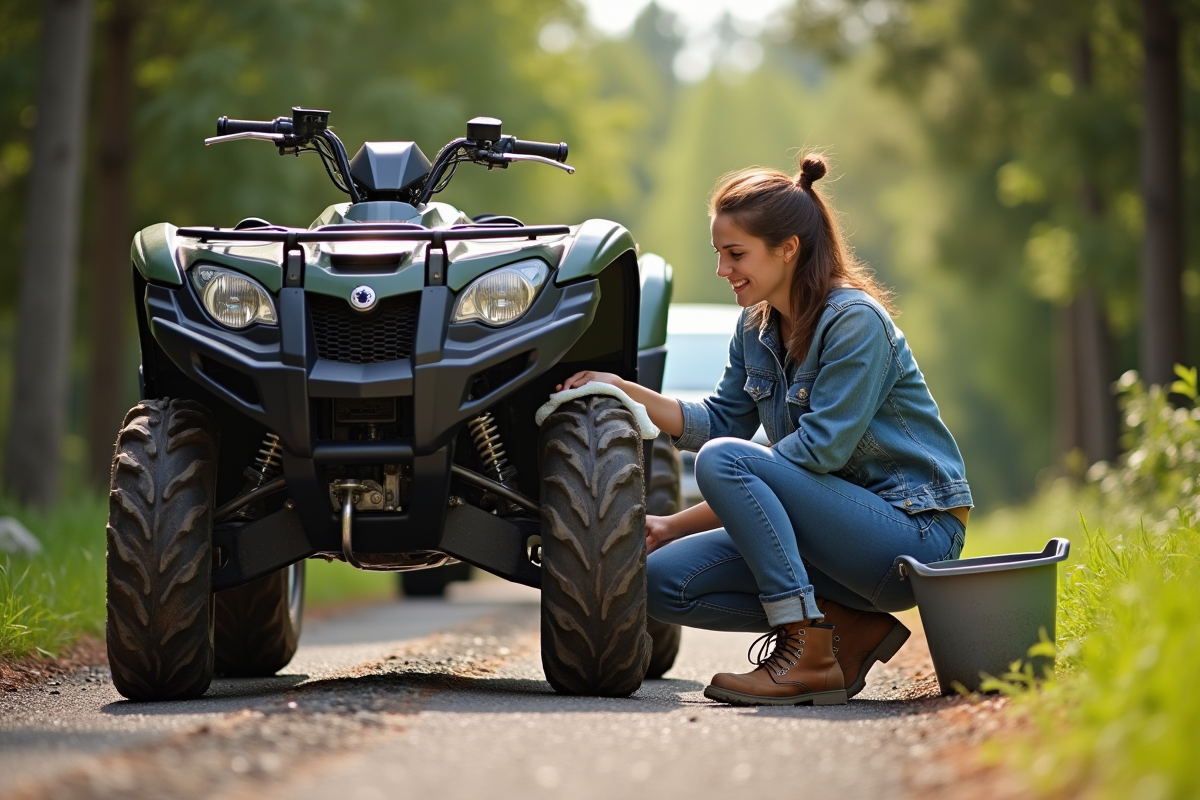 Femme nettoyant les roues de son quad en extérieur