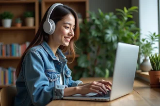 Femme détendue écoutant de la musique rock sur son ordinateur à la maison
