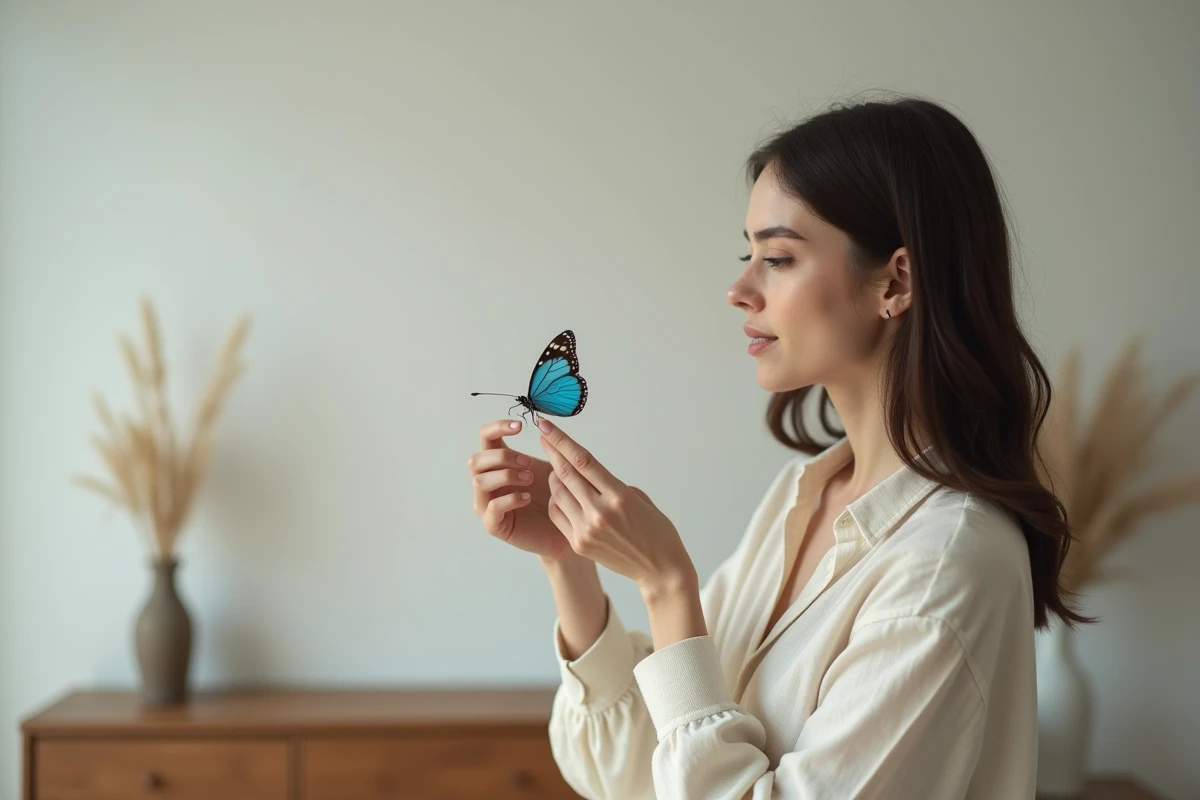Femme tenant un papillon bleu sur son doigt dans un salon épuré, symbole de purification et de présage positif selon les croyances spirituelles