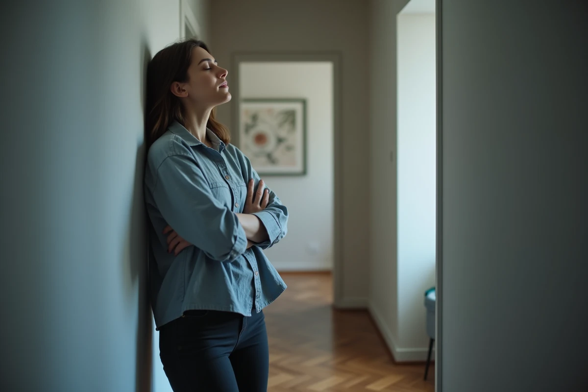 Femme appuyée contre un mur dans un couloir les yeux fermés, représentant une pause émotionnelle et la prise de conscience d'une erreur d'interprétation sentimentale