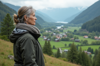Femme en extérieur sur une colline verte en Europe du Nord