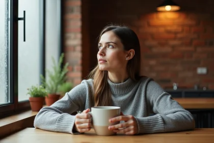 Femme pensive seule dans sa cuisine tenant une tasse, symbole d'une erreur d'interprétation amoureuse et de questionnement intérieur