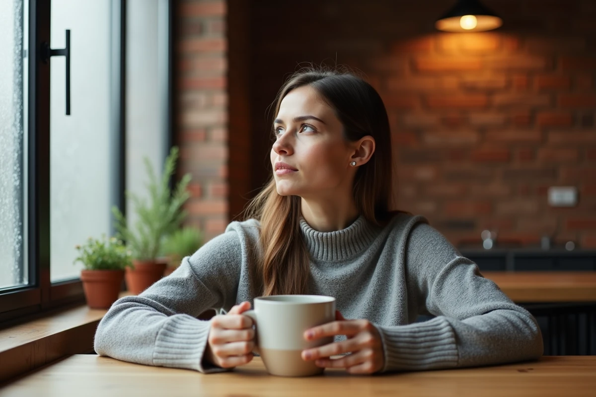 Femme pensive seule dans sa cuisine tenant une tasse, symbole d'une erreur d'interprétation amoureuse et de questionnement intérieur