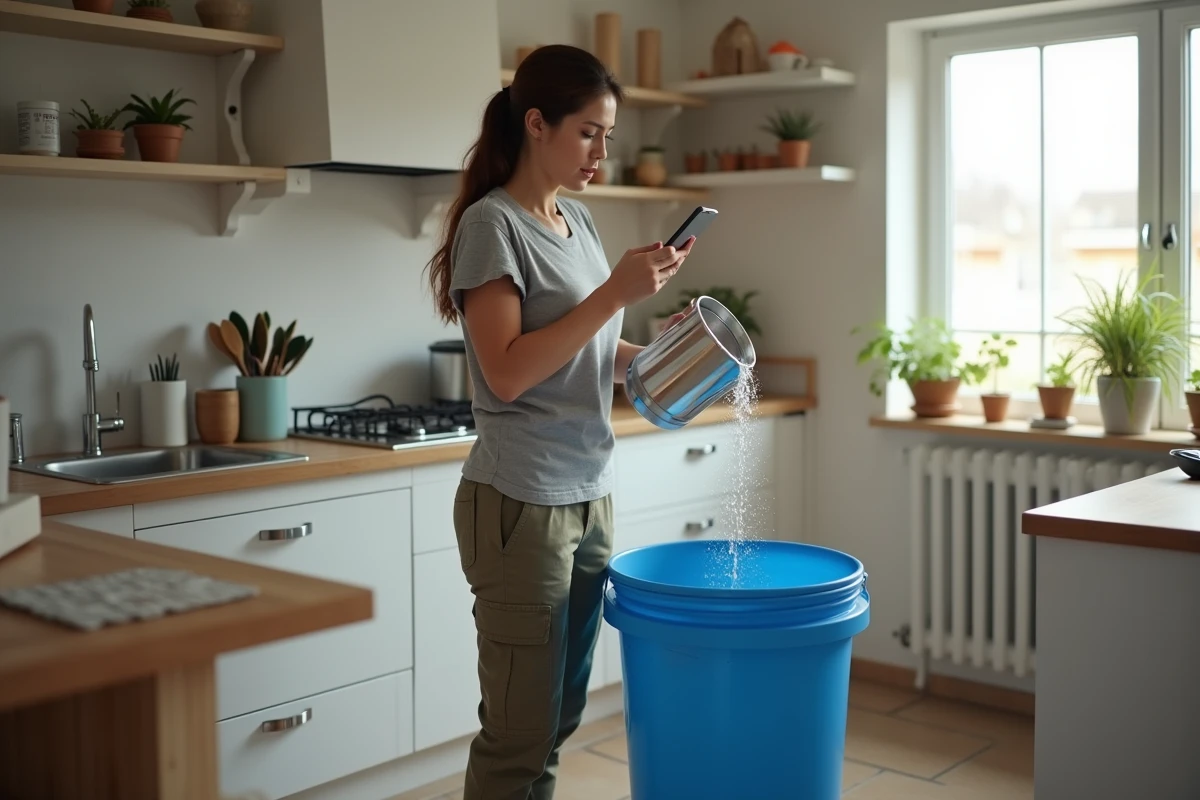 Jeune femme versant de leau dans un seau dans la cuisine