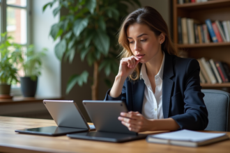 Jeune femme professionnelle compare trois tablettes dans un bureau cosy
