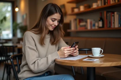 Femme souriante résolvant un puzzle Worde Louan sur smartphone dans un café
