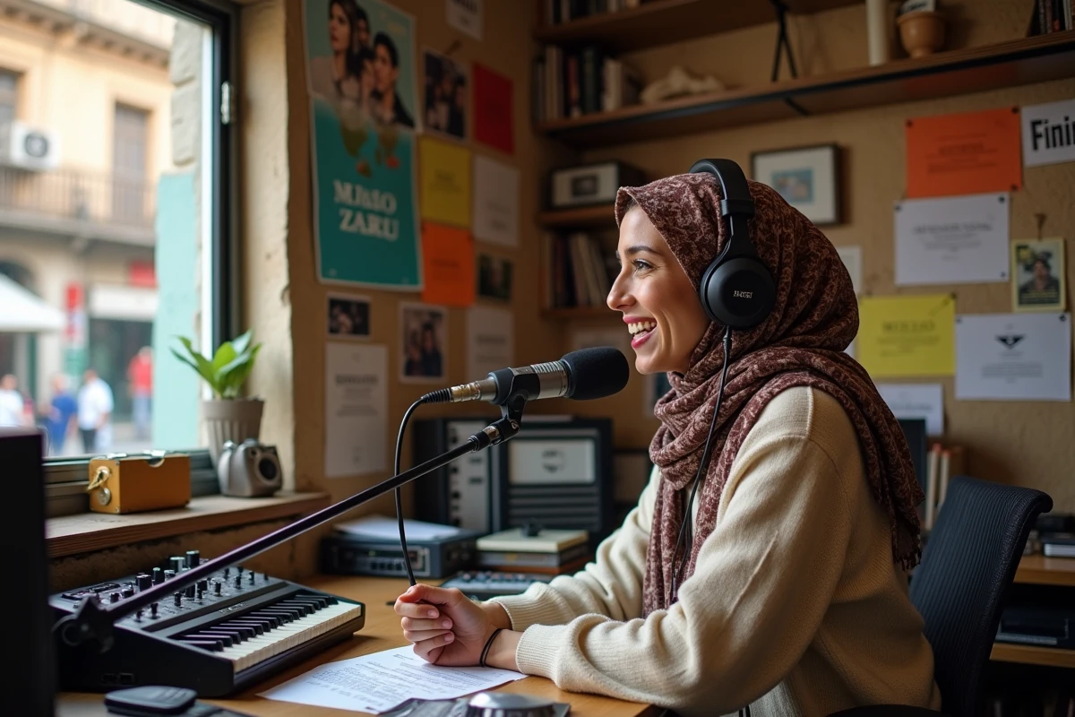 Jeune femme nord-africaine parle dans un studio radio dynamique